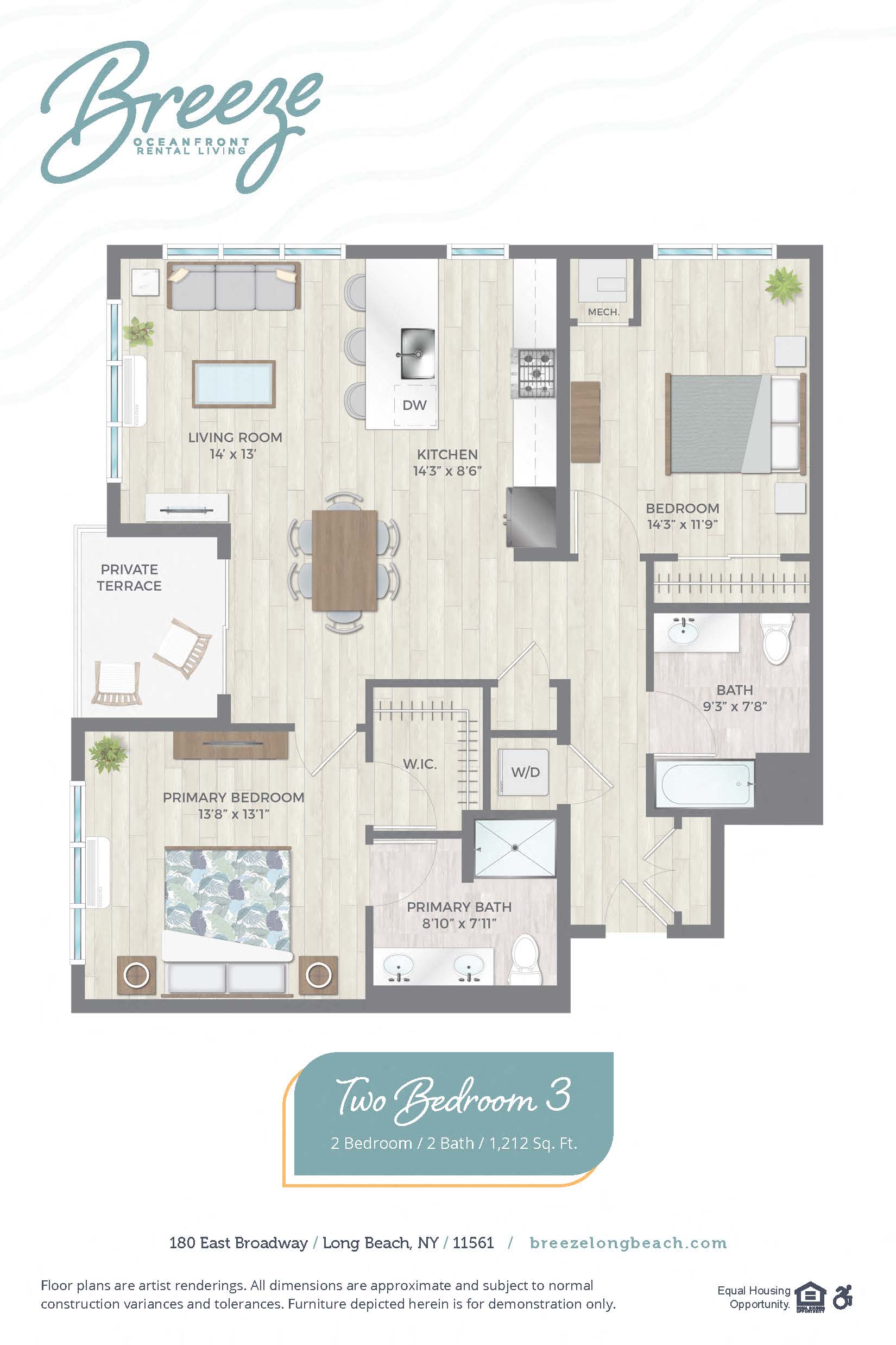 Floor plan for 2 beds, 2 baths, 1212 sqft